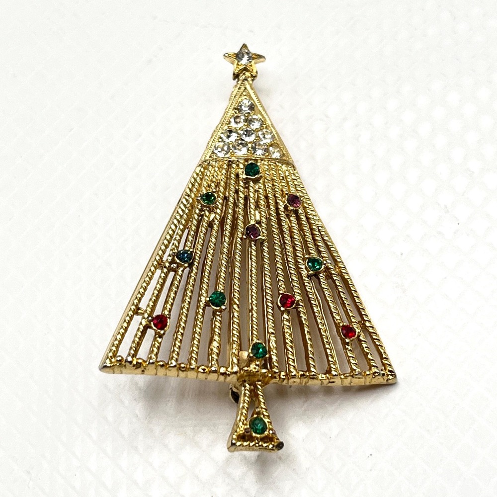 Vintage Mid-Century Holiday Christmas Tree Brooch w/ Rhinestone Star & Ornaments